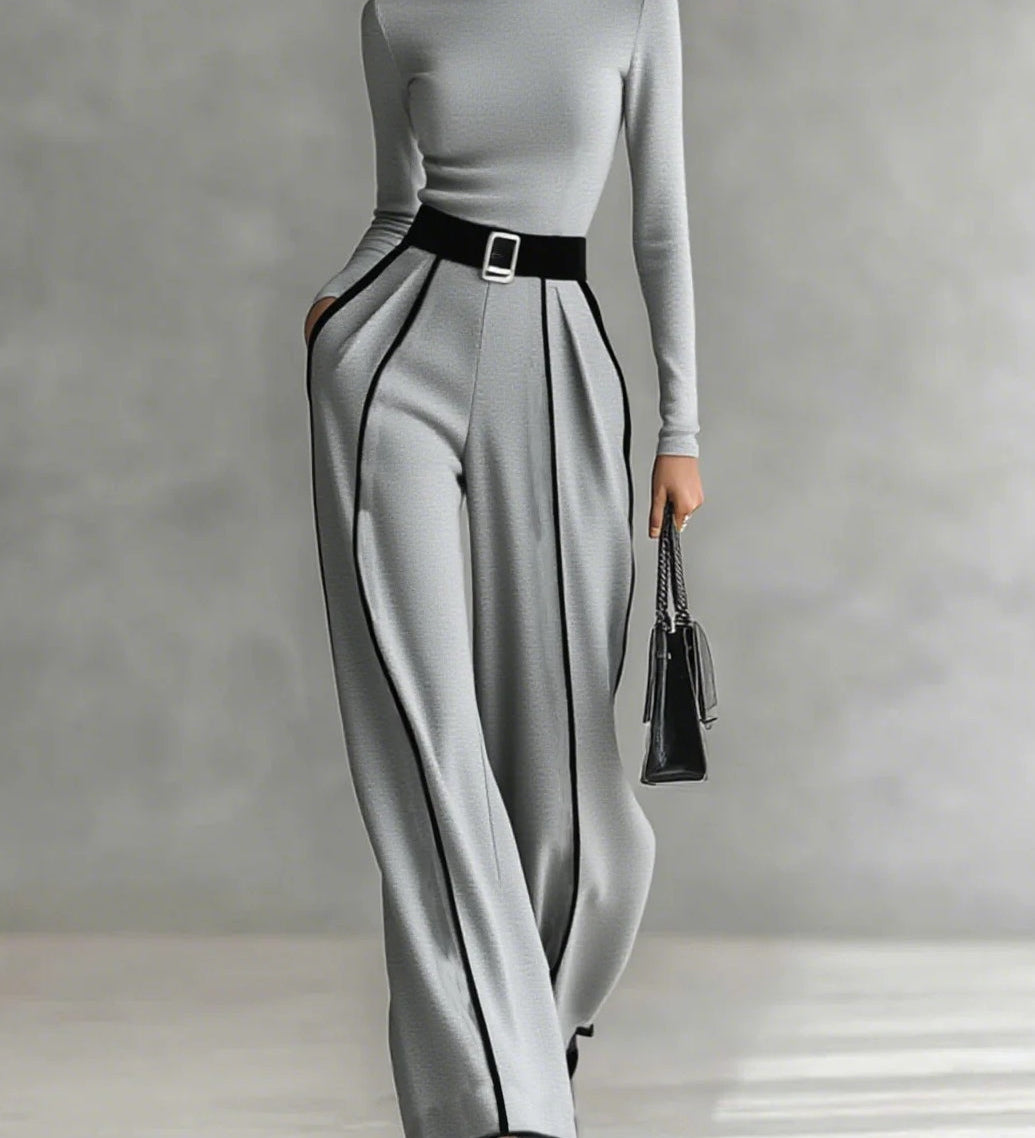 Weißes Trim High-Neck Langarm-Top mit Weitbein-Hosen und Gürtel-Set