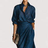 Lenora™ | Elegantni set tamnoplave boje od košulje i duge suknje, mješavina pamuka i lana