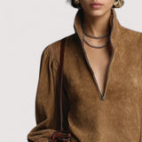 Leira™ | Smeđa opuštena mini haljina od brušene kože s patentnim zatvaračem i dolčevita ovratnikom