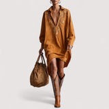 Isola™ | Opuštena midi haljina s ovratnikom na V-izrez i dugim rukavima s printom