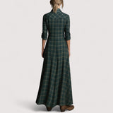 Fiora™ | Zelena maksi haljina kroja košulje, s kariranim uzorkom, reverom i jednim redom gumba