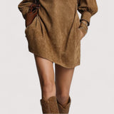 Leira™ | Smeđa opuštena mini haljina od brušene kože s patentnim zatvaračem i dolčevita ovratnikom