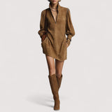 Leira™ | Smeđa opuštena mini haljina od brušene kože s patentnim zatvaračem i dolčevita ovratnikom