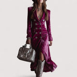 Evelis™ | Ljubičasta dugačka haljina s gumbima, baršunastog materijala i kroja sakoa