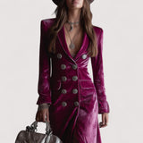 Evelis™ | Ljubičasta dugačka haljina s gumbima, baršunastog materijala i kroja sakoa