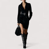 Elvia™ | Midi haljina od brušene kože s jednim kopčanjem, reverom i dugim rukavima